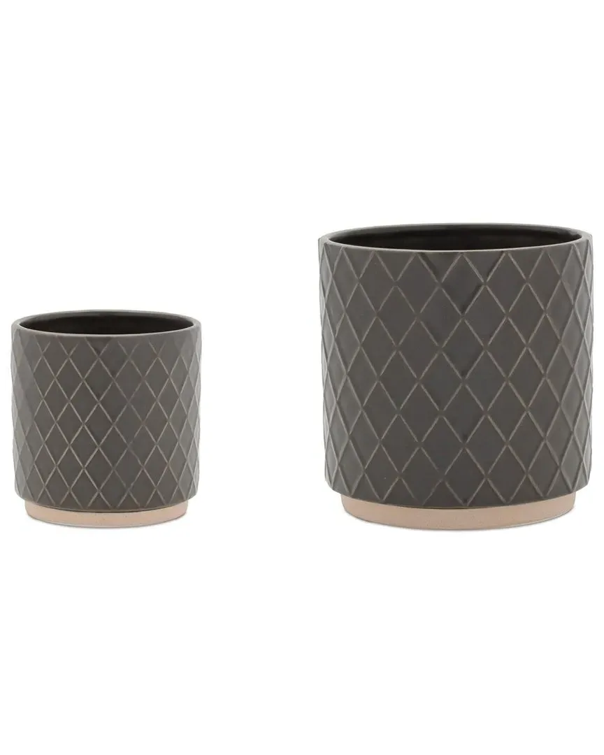 Set of 2 Ceramic Diamond Pattern Planters - Grey