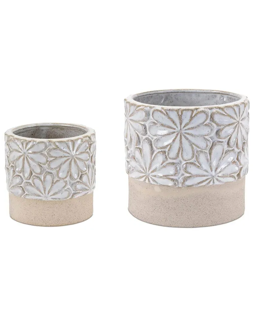 Set of 2 Ceramic Floral Planters - Grey, Ceramic image