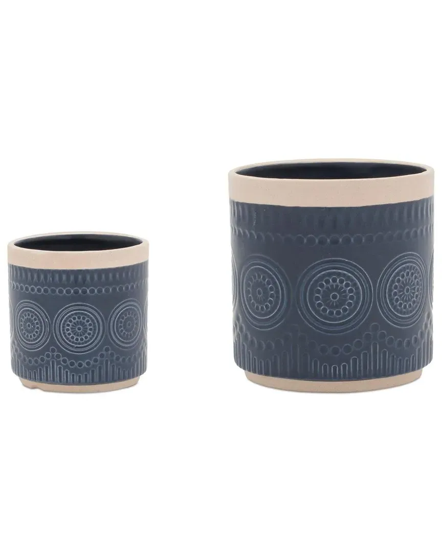 Set of 2 Ceramic Mandala Pattern Planters - Blue image