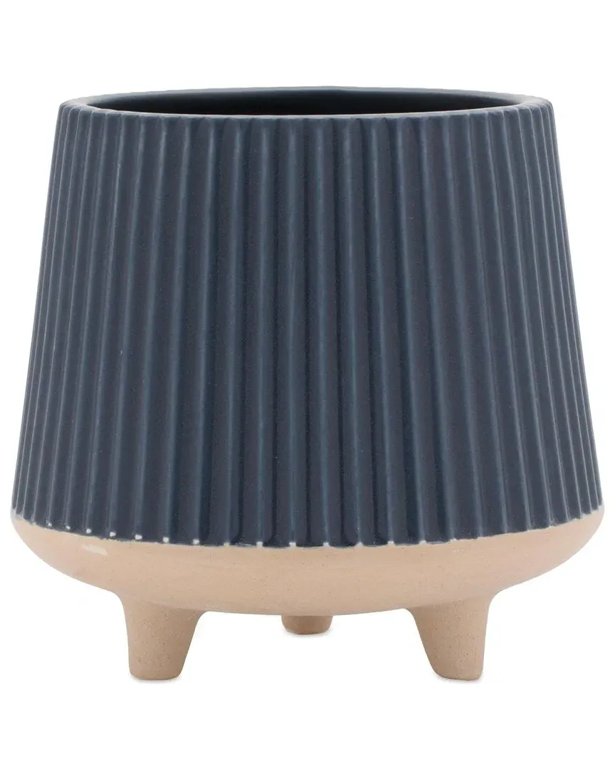 Set of 2 Ceramic Ribbed Footed Planters - Blue, Ceramic