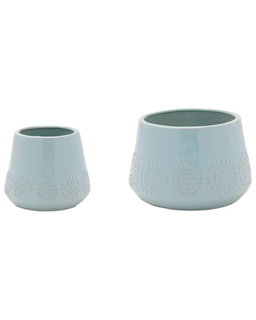 Set of 2 Ceramic Starburst Pattern Planters - Blue