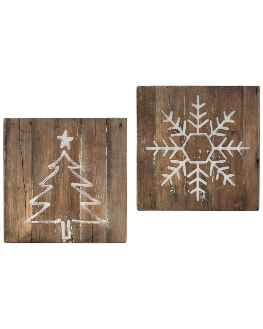 Set of 2 Distressed Wood Snowflake & Tree Blocks - Brown image