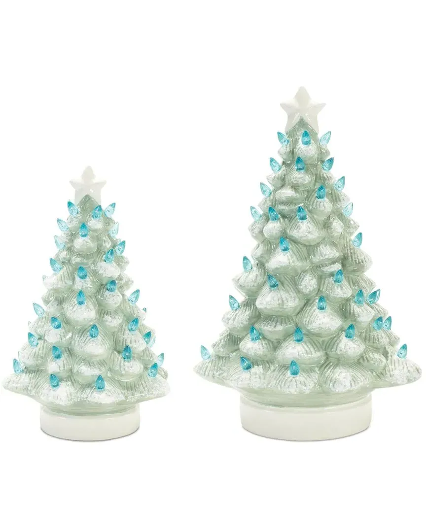 Set of 2 LED Ceramic Christmas Trees - Blue, Ceramic
