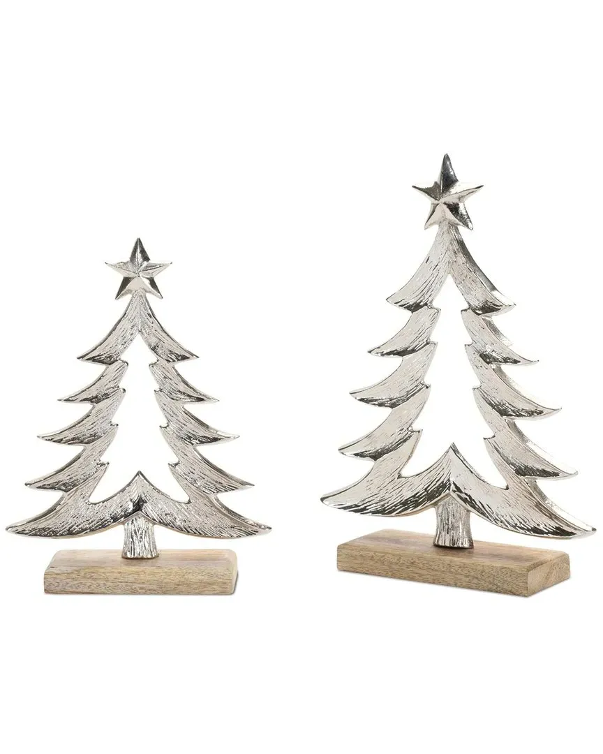 Set of 2 Metal Christmas Trees with Wood Base - Grey image