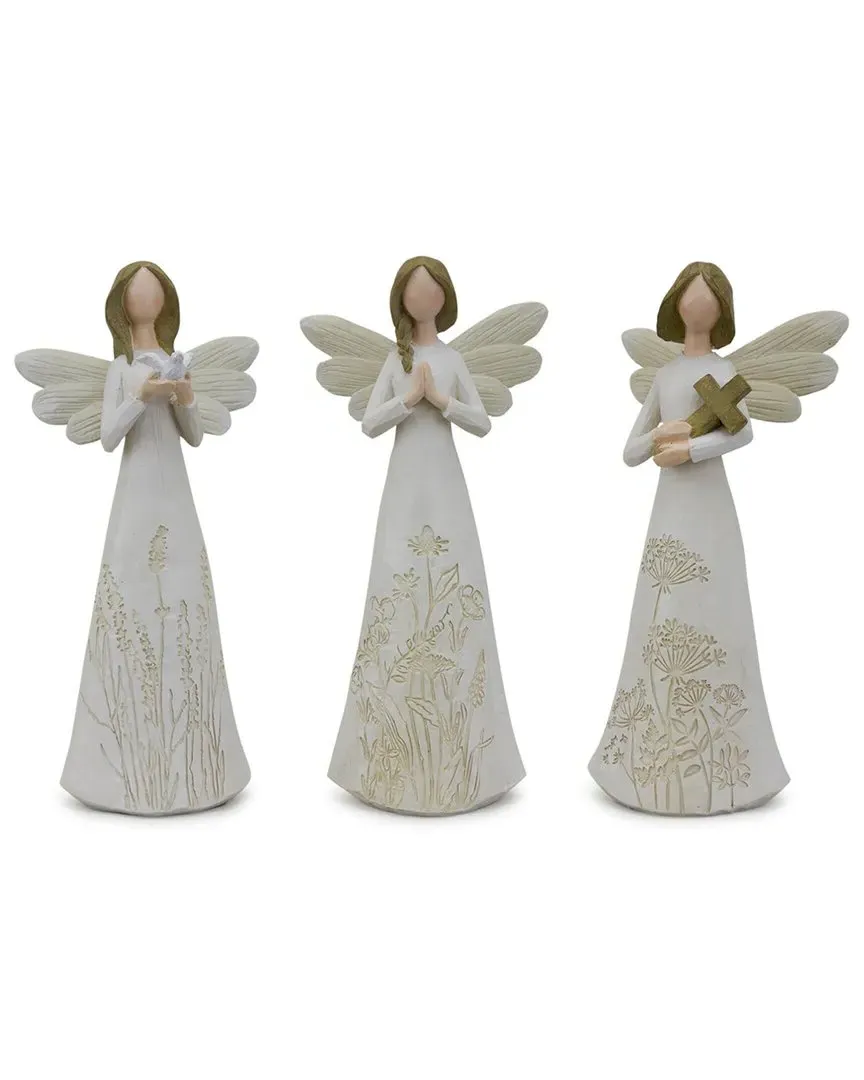 Set of 3 Beige Floral Etched Angel Figurines - White image