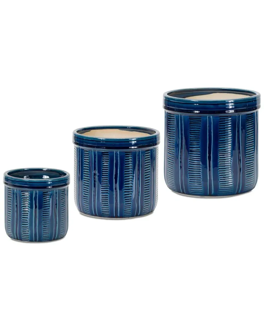 Set of 3 Blue Etched Terracotta Planters - Green, Clay