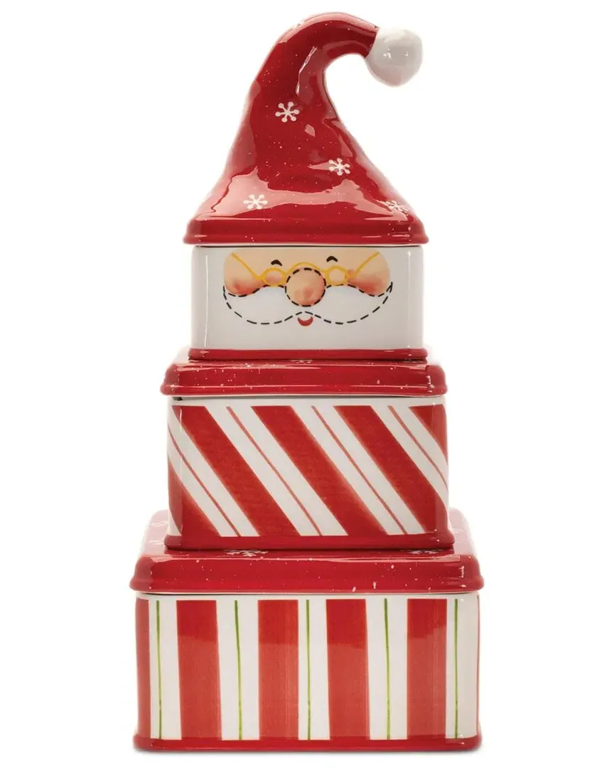 Set of 3 Ceramic Stacking Santa Canisters - Red image