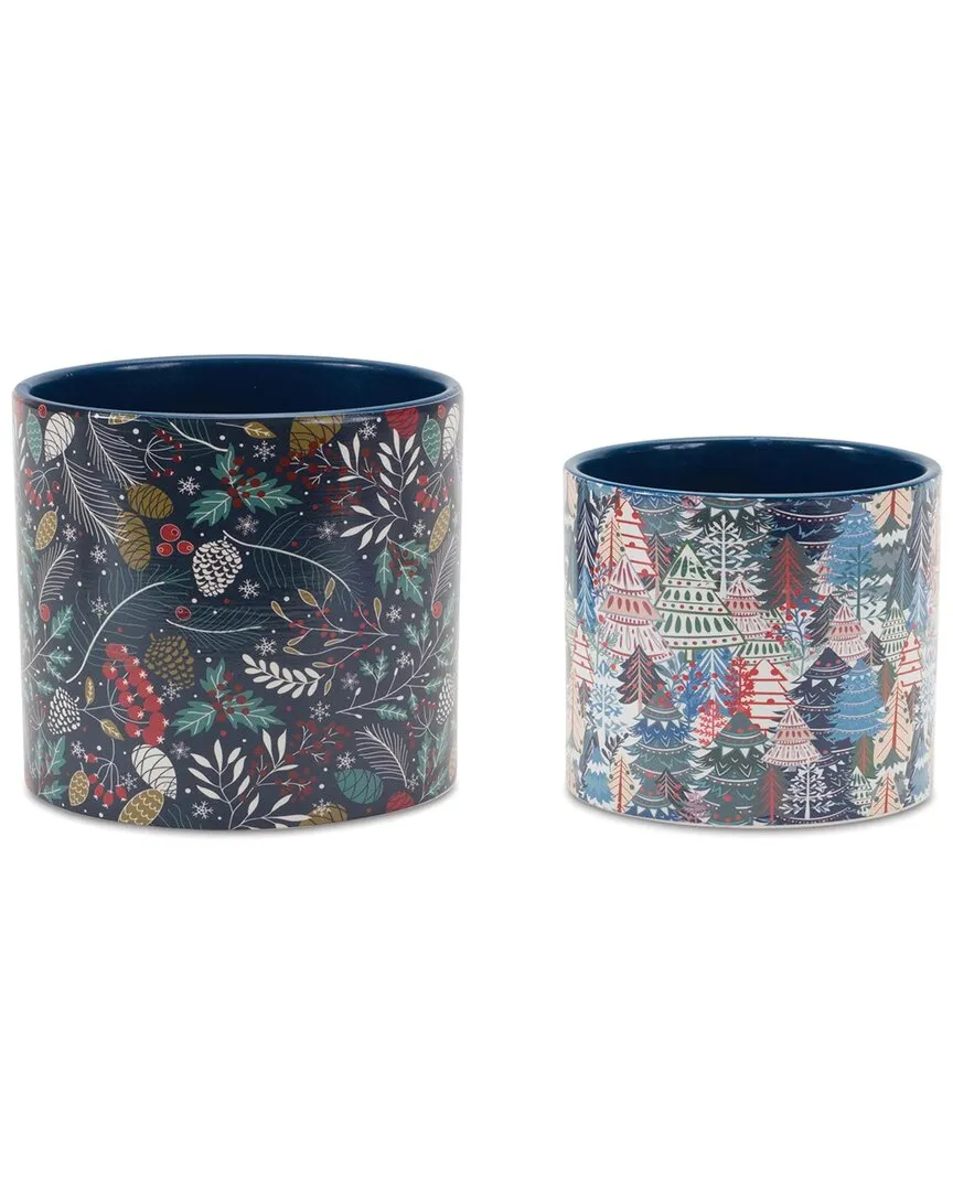 Set of 4 Berry & Pine Tree Holiday Planters - Blue, Dolomite image