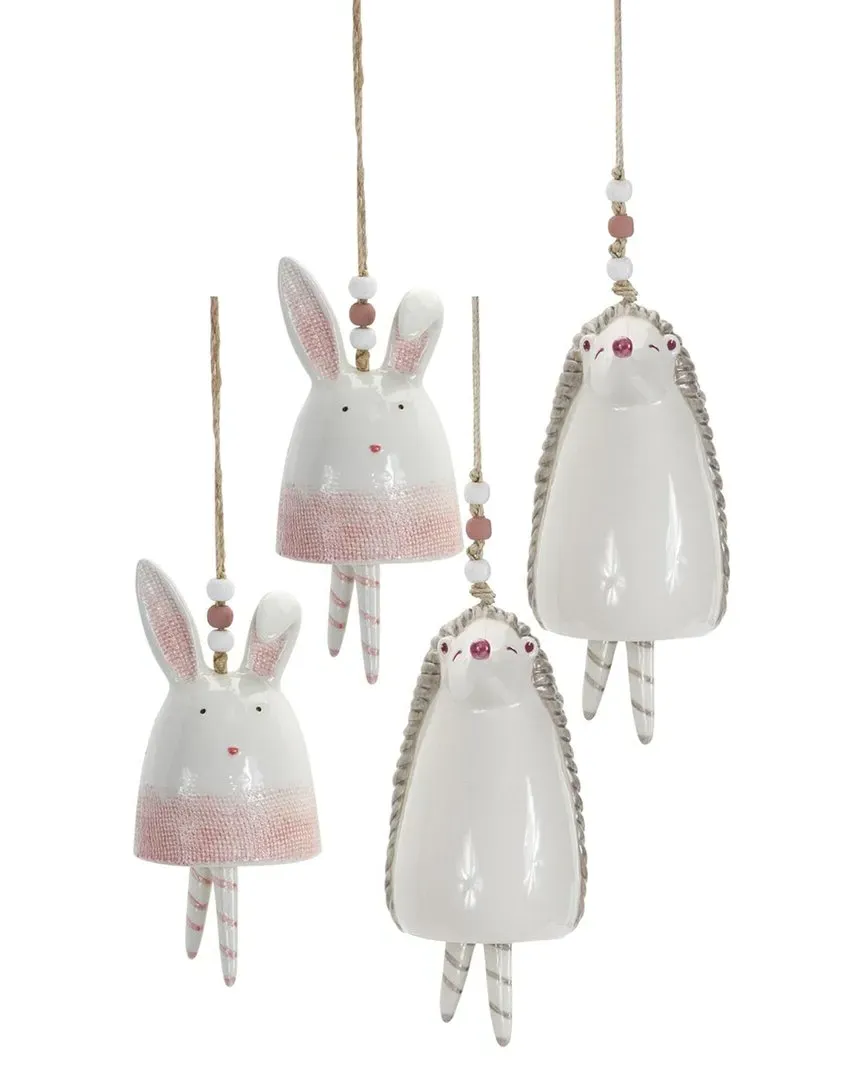 Set of 4 Bunny & Hedgehog Bell Hanging Garden Accent - White image