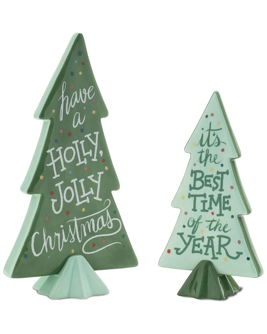 Set of 4 Ceramic Christmas Pine Tree Ornaments - Green