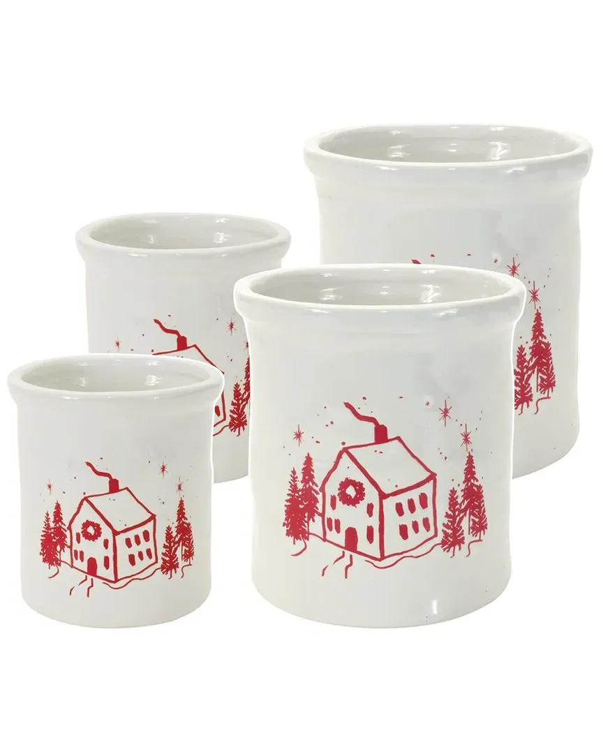 Set of 4 Ceramic Crocks with Snowy House Scene - White image