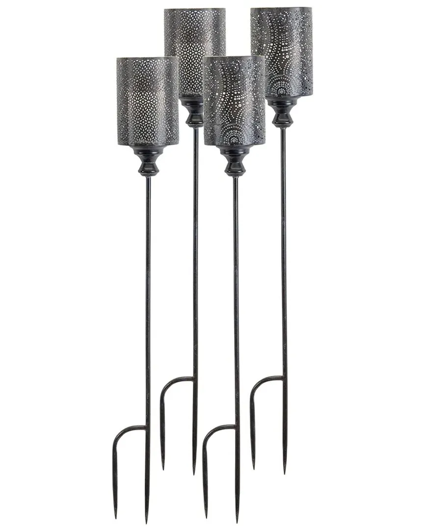 Set of 4 Punched Metal Candle Holder Garden Stakes - Black