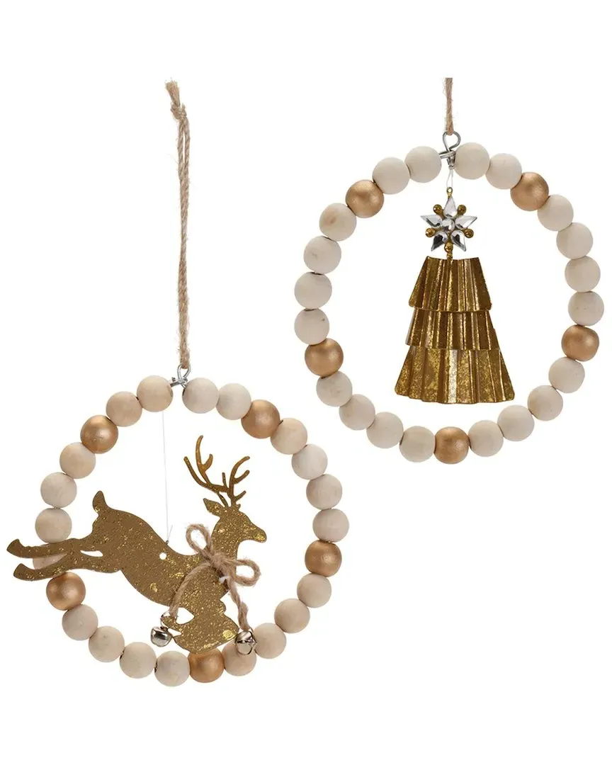 Set of 6 Beaded Wood Tree & Deer Ornaments - Metal, Wood