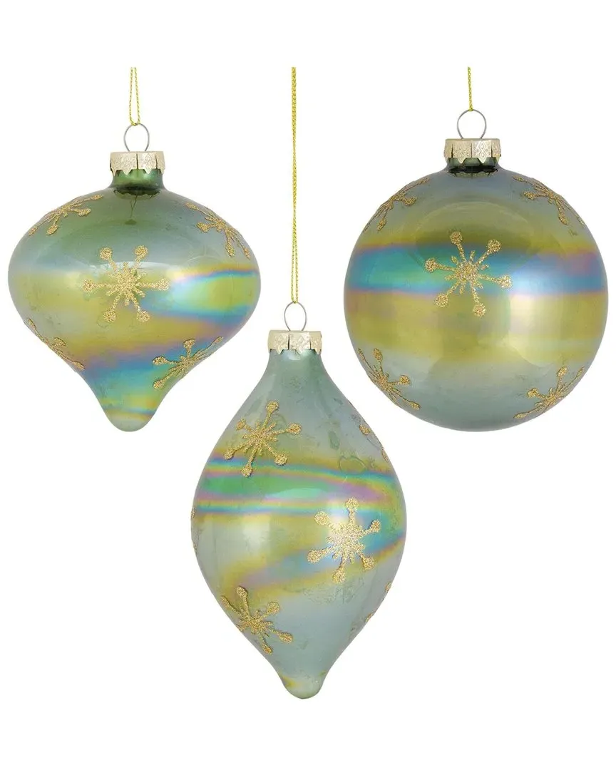 Set of 6 Iridescent Glass Snowflake Ornaments - Green image