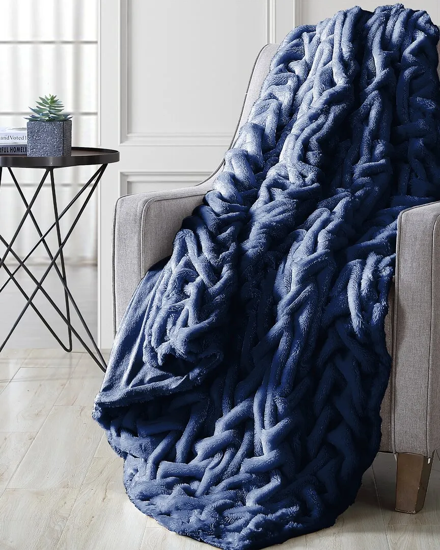 Braided Faux Fur Throw - Navy, Microfiber