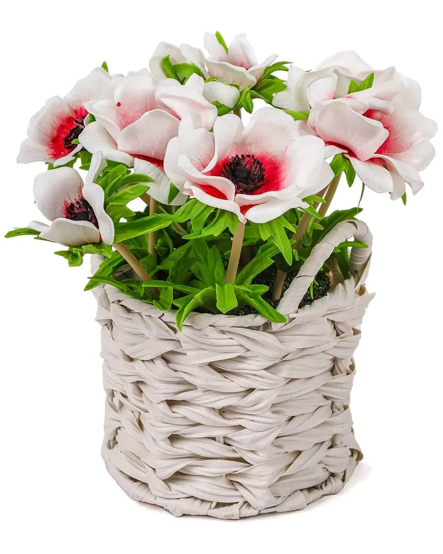 10In Anemone Flower Bouquet in White Basket - White