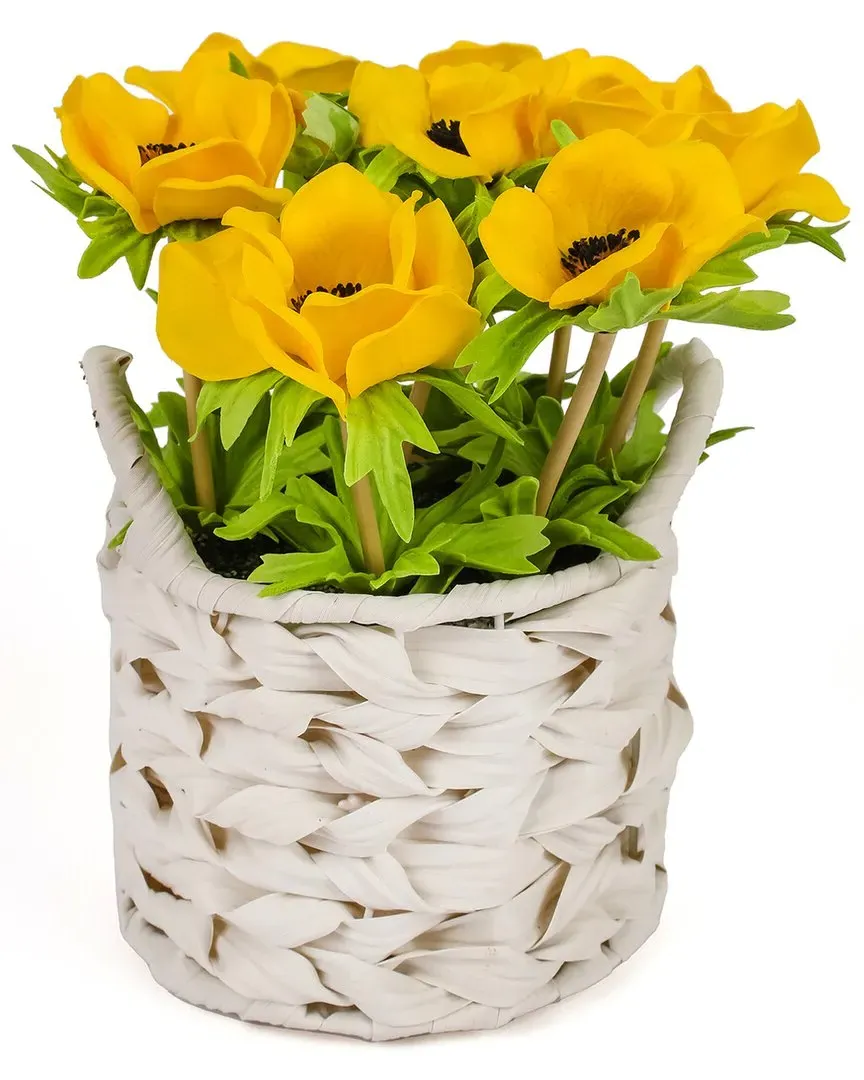10In Anemone Flower Bouquet in White Basket - Yellow