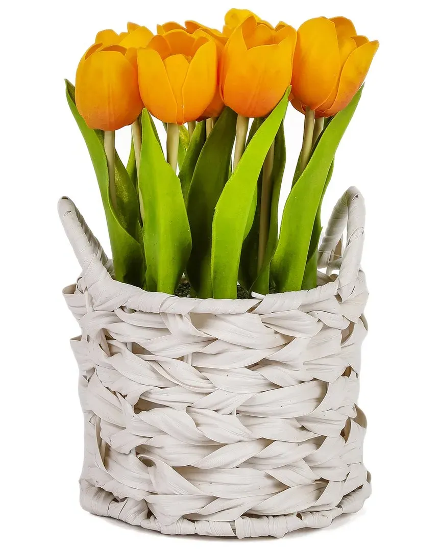 10In Tulip Bouquet in White Basket - Orange