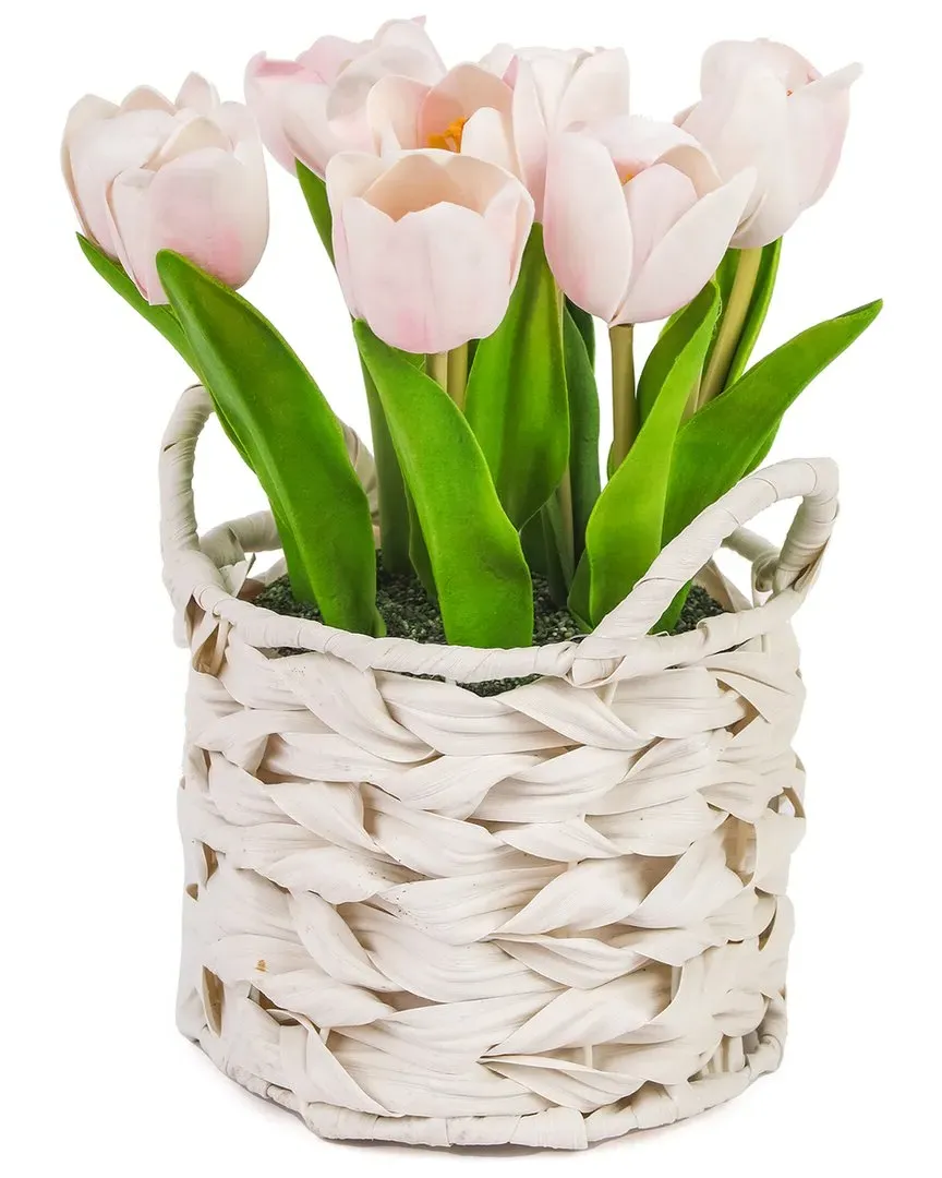 10In Tulip Bouquet in White Basket - Pink