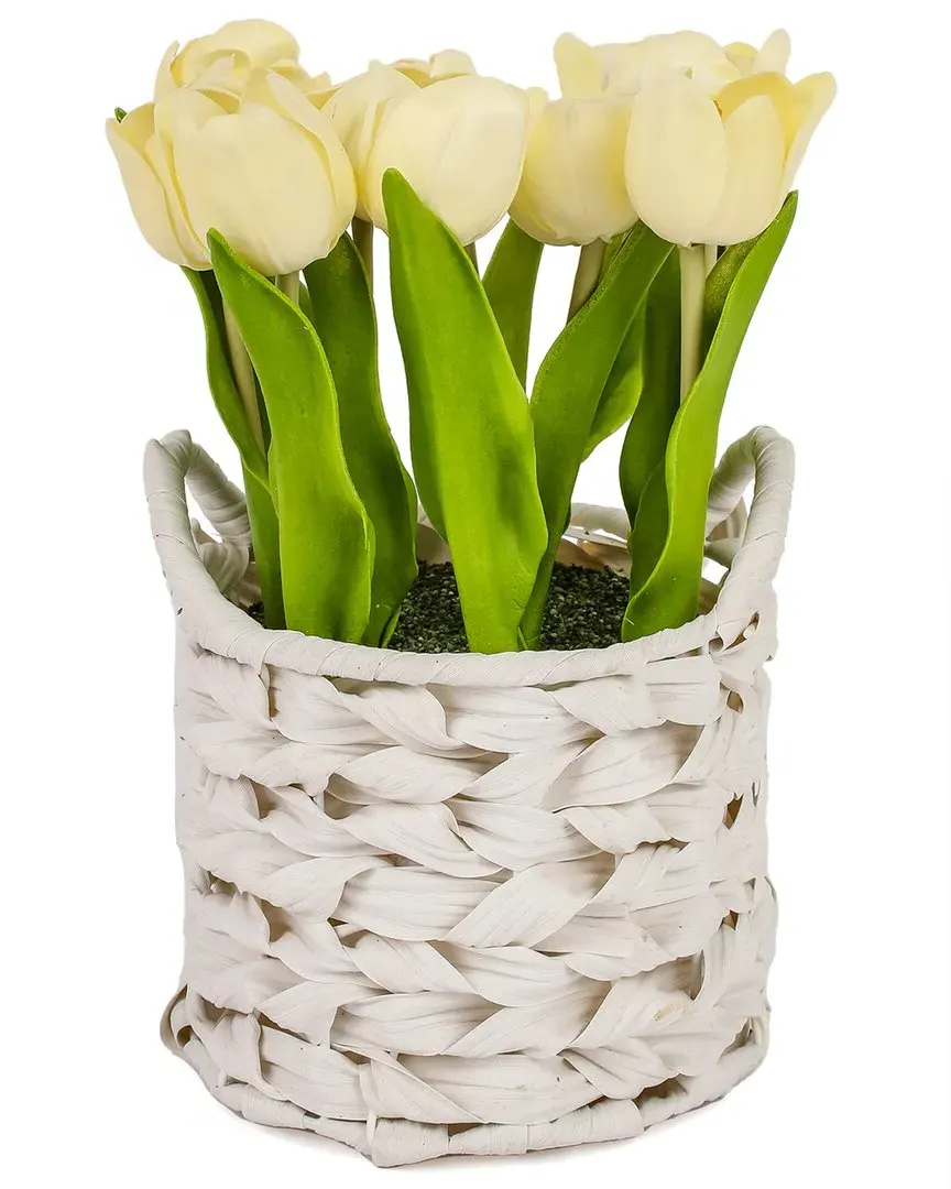 10In Tulip Bouquet in White Basket - Yellow
