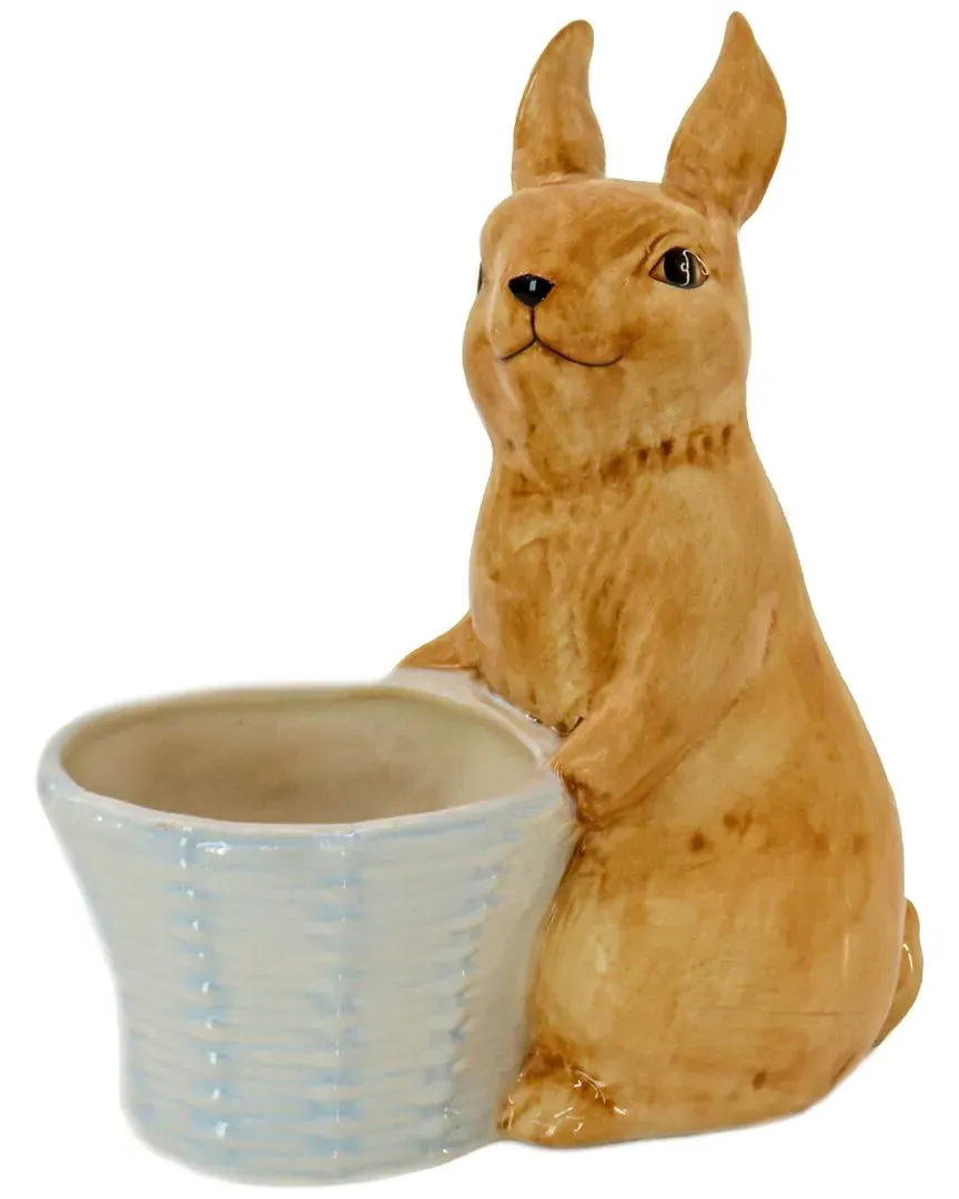 11in Ceramic Bunny with White Basket - Brown image