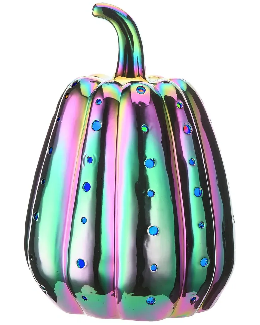 14 Inch LED Lit Iridescent Pumpkin Decor - Purple, Ceramic