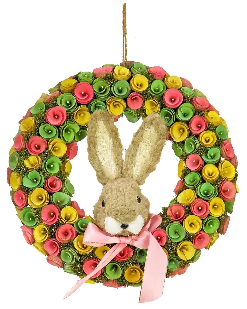 16in Floral Wreath with Bunny Head Center - Green