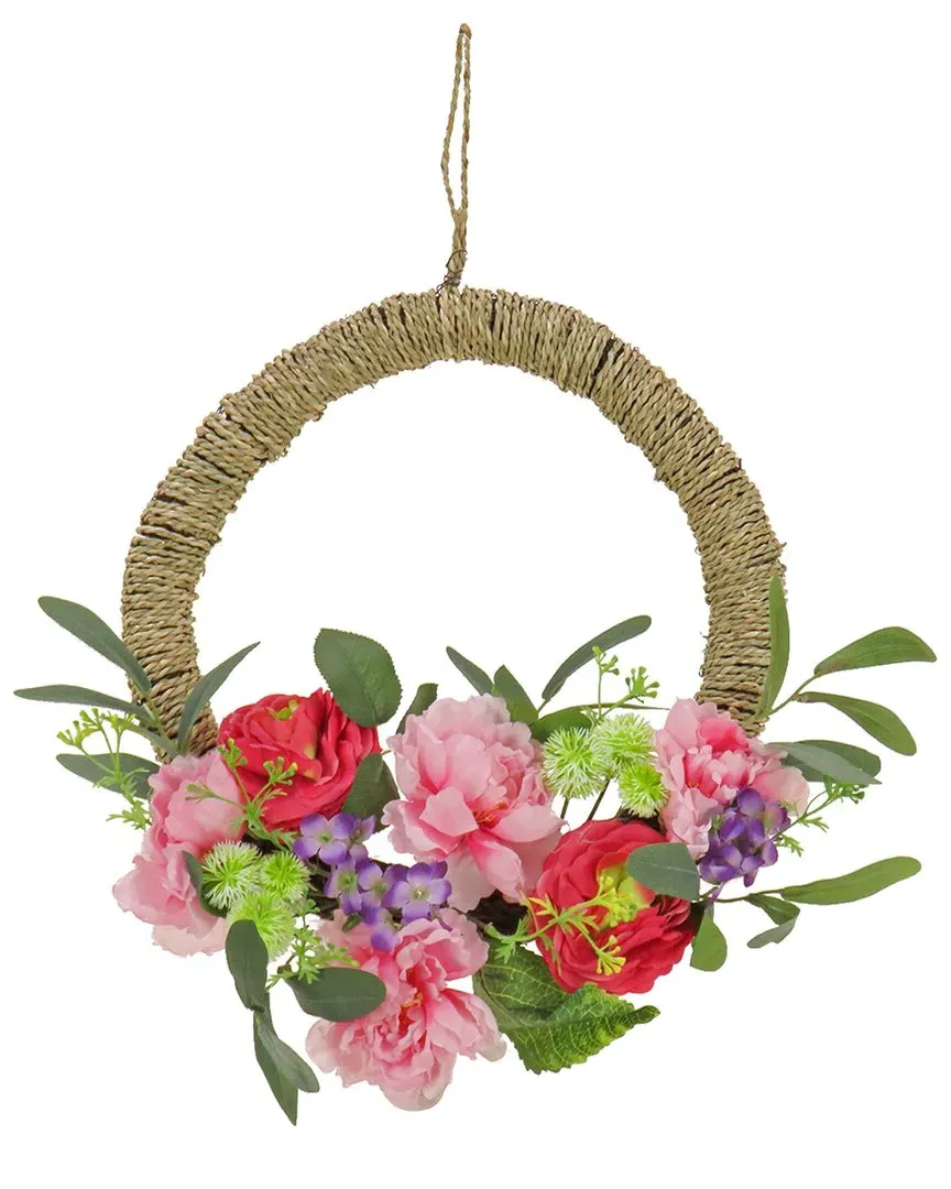 16In Spring Rose, Peony and Globe Flowers Hoop Wreath - Pink