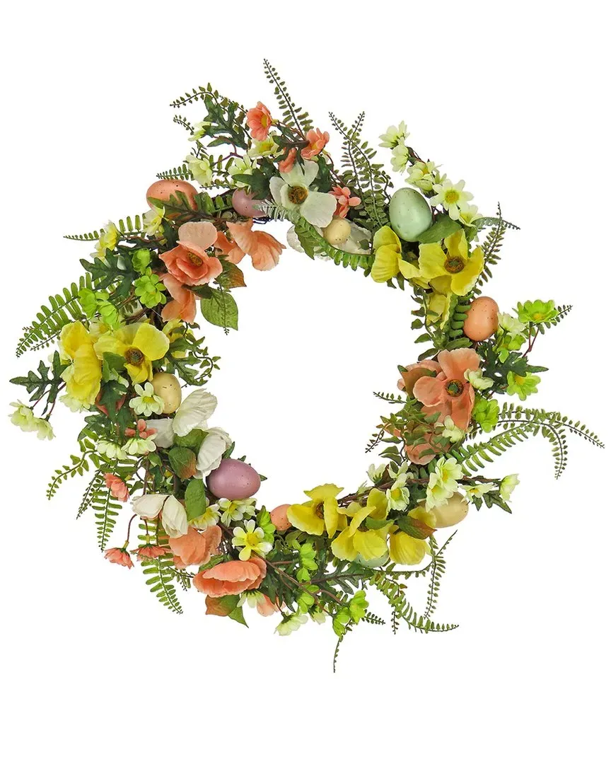 22in Ferns And Flowers Easter Wreath - Green image