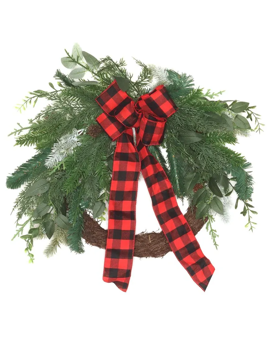 22in Mixed Pine and Bow Christmas Wreath - Green image