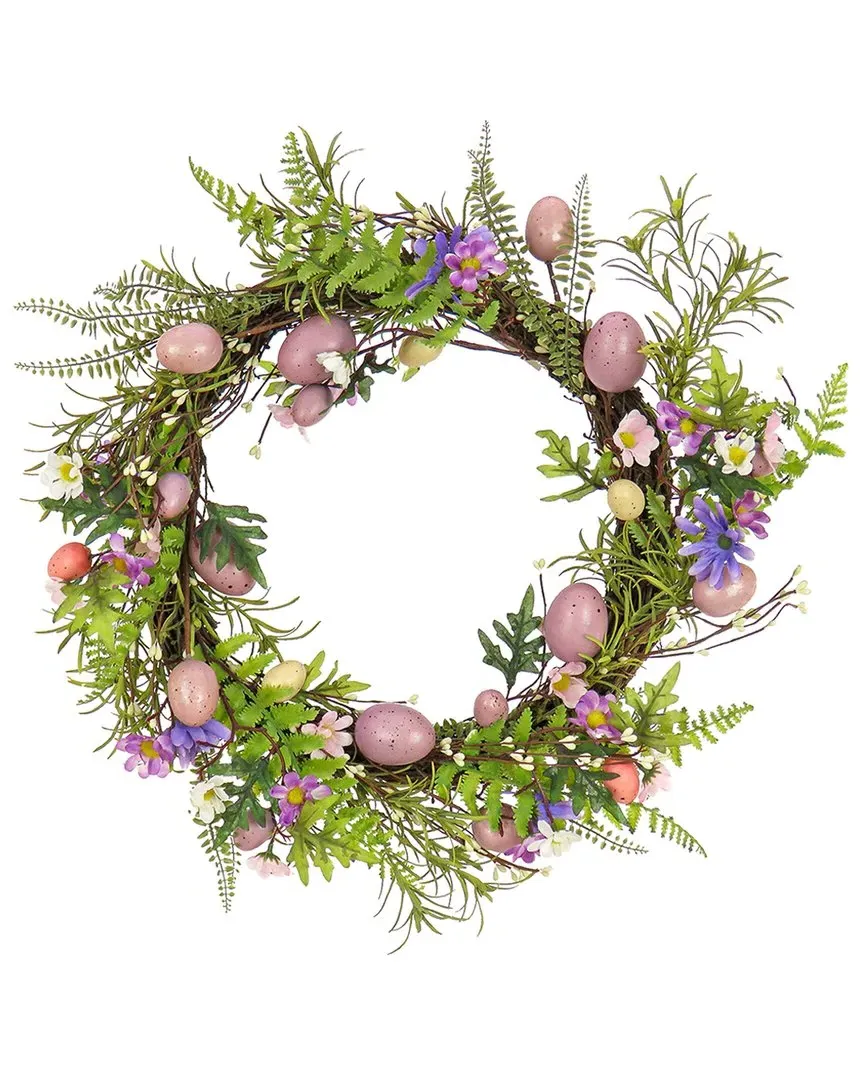 22in Pink Eggs Flowers And Ferns Wreath - Purple