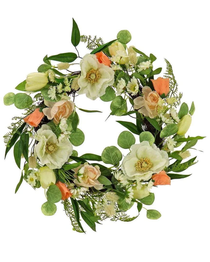 22in Tulips Poppies Buttercups Wreath - Pink