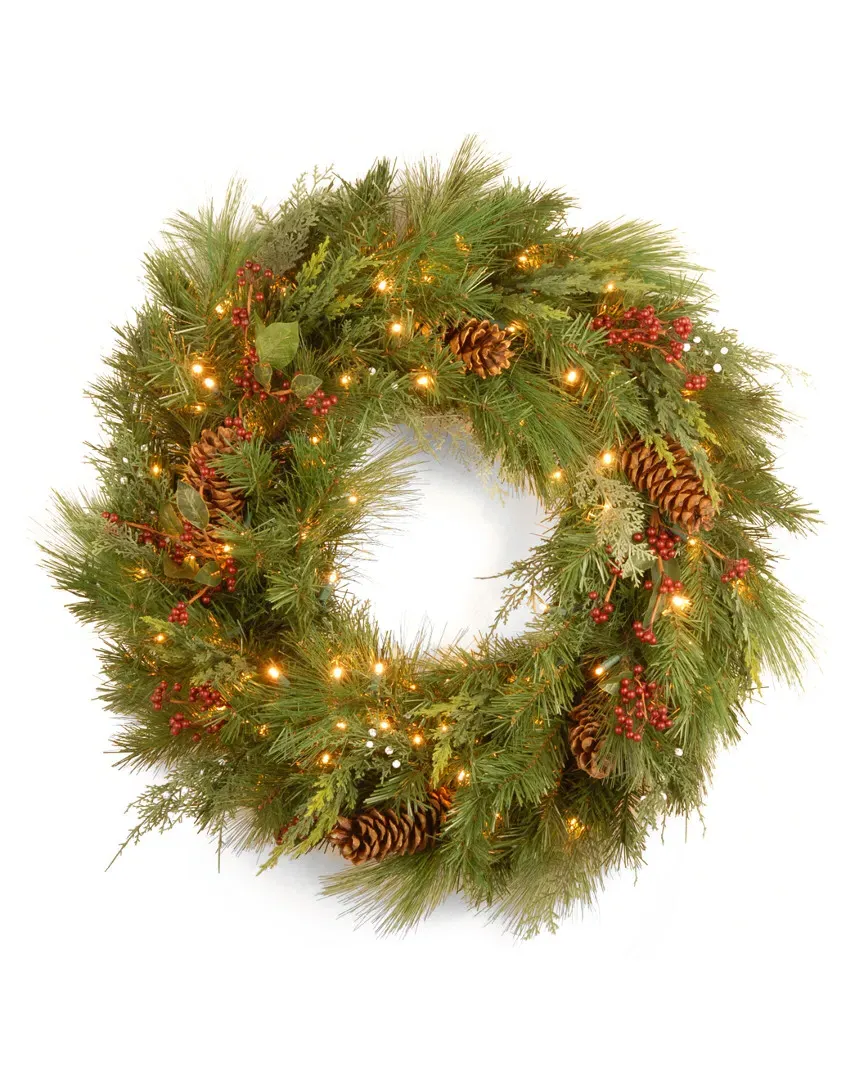 30in White Pine Wreath with Pine Cones and 100 Soft Lights image