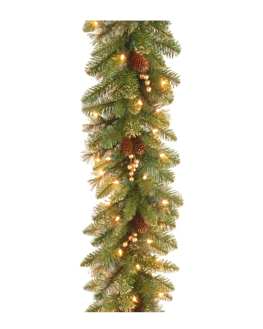 9ft Glittery Gold Pine Garland with Clear Lights