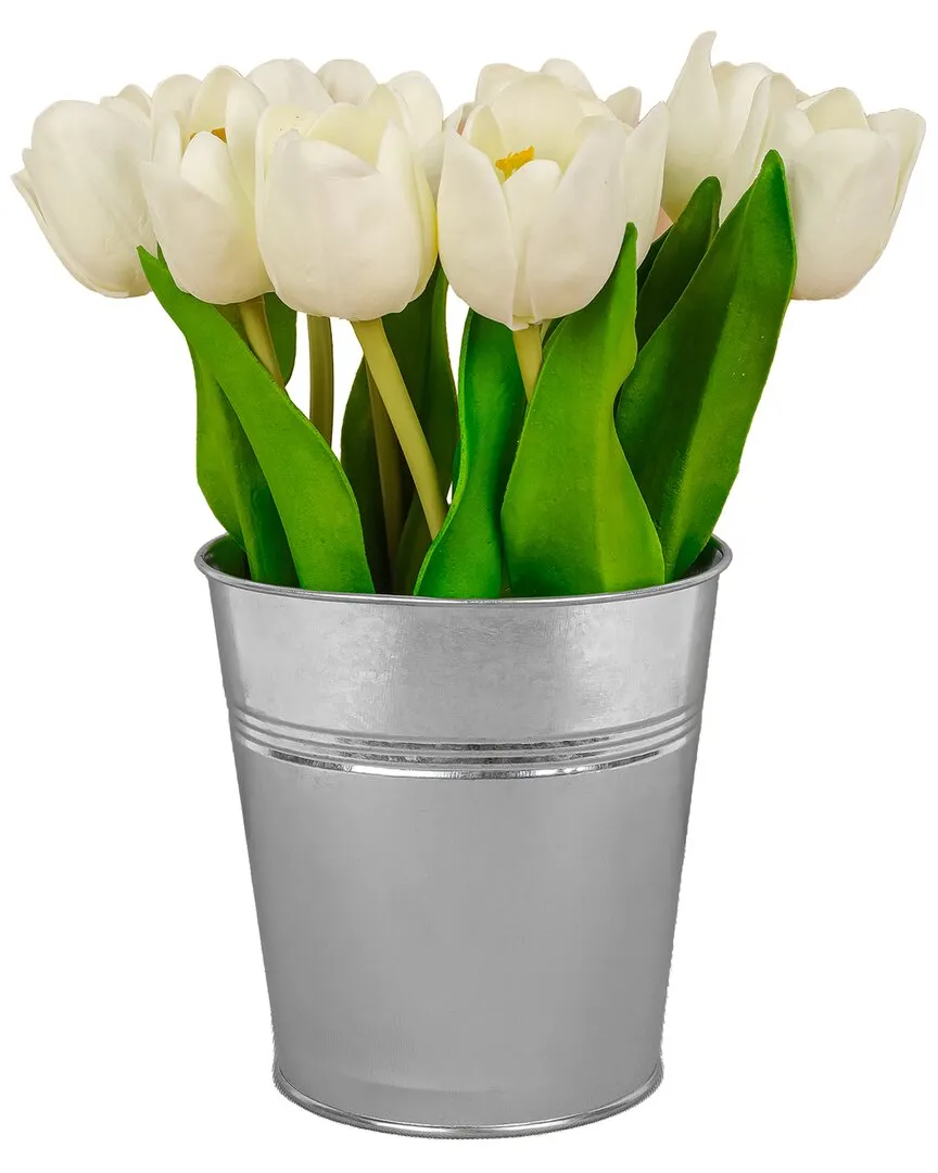 9In Tulip Bouquet in Metal Pot - White