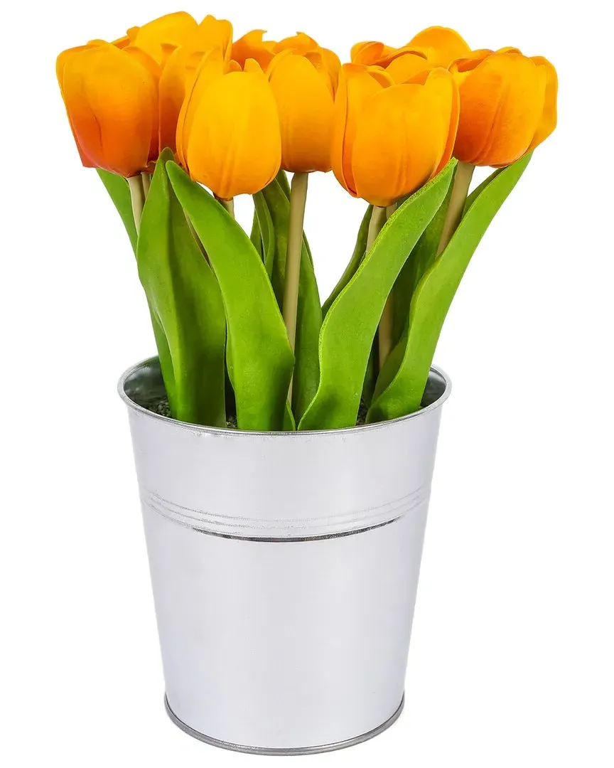 9In Tulip Bouquet with Metal Pot - Orange