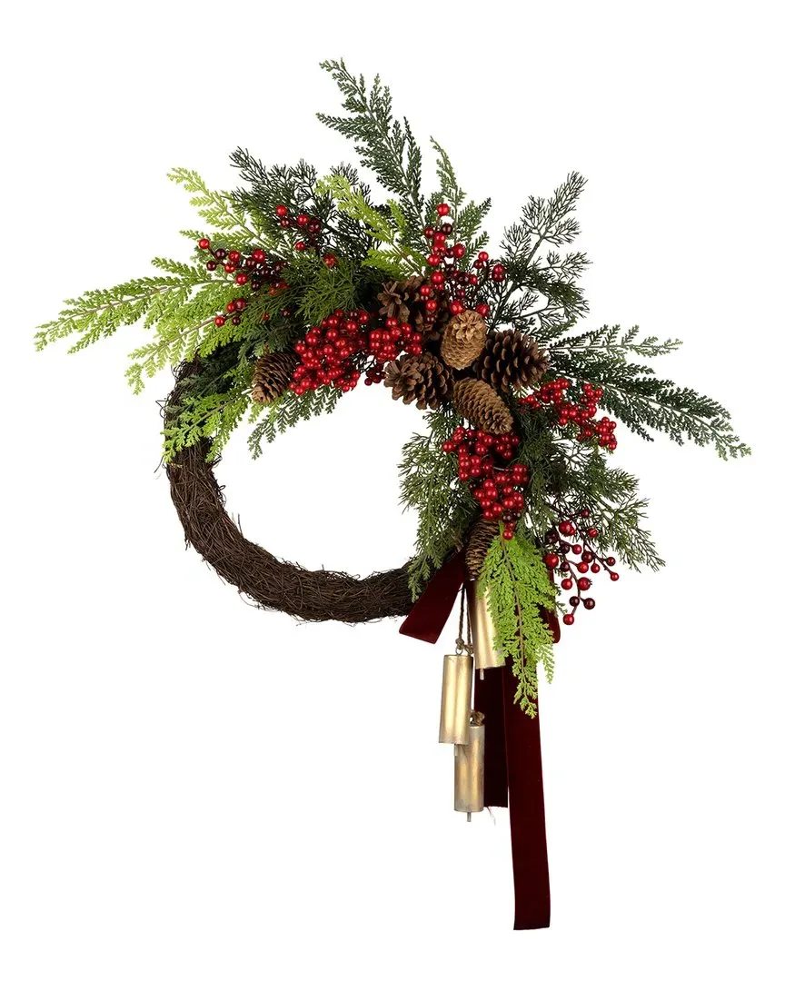 Christmas Joy 24in Half Wreath with Chimes - Green