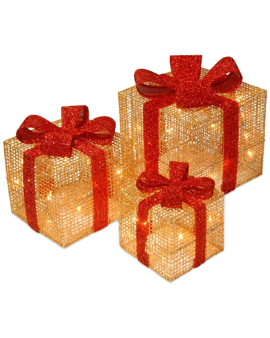 Set of 3 Gold Thread Giftbox Decor - Gold image