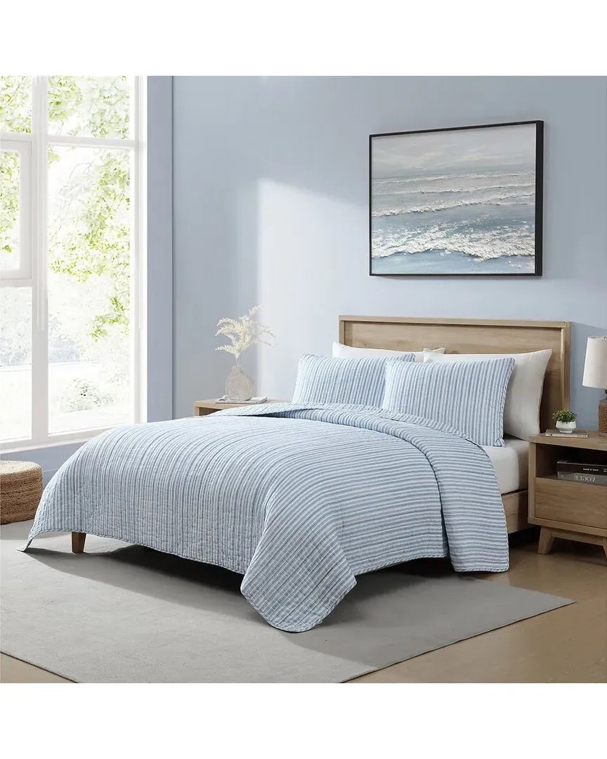 Coleridge Stripe Reversible Cotton Quilt Set - Light Blue