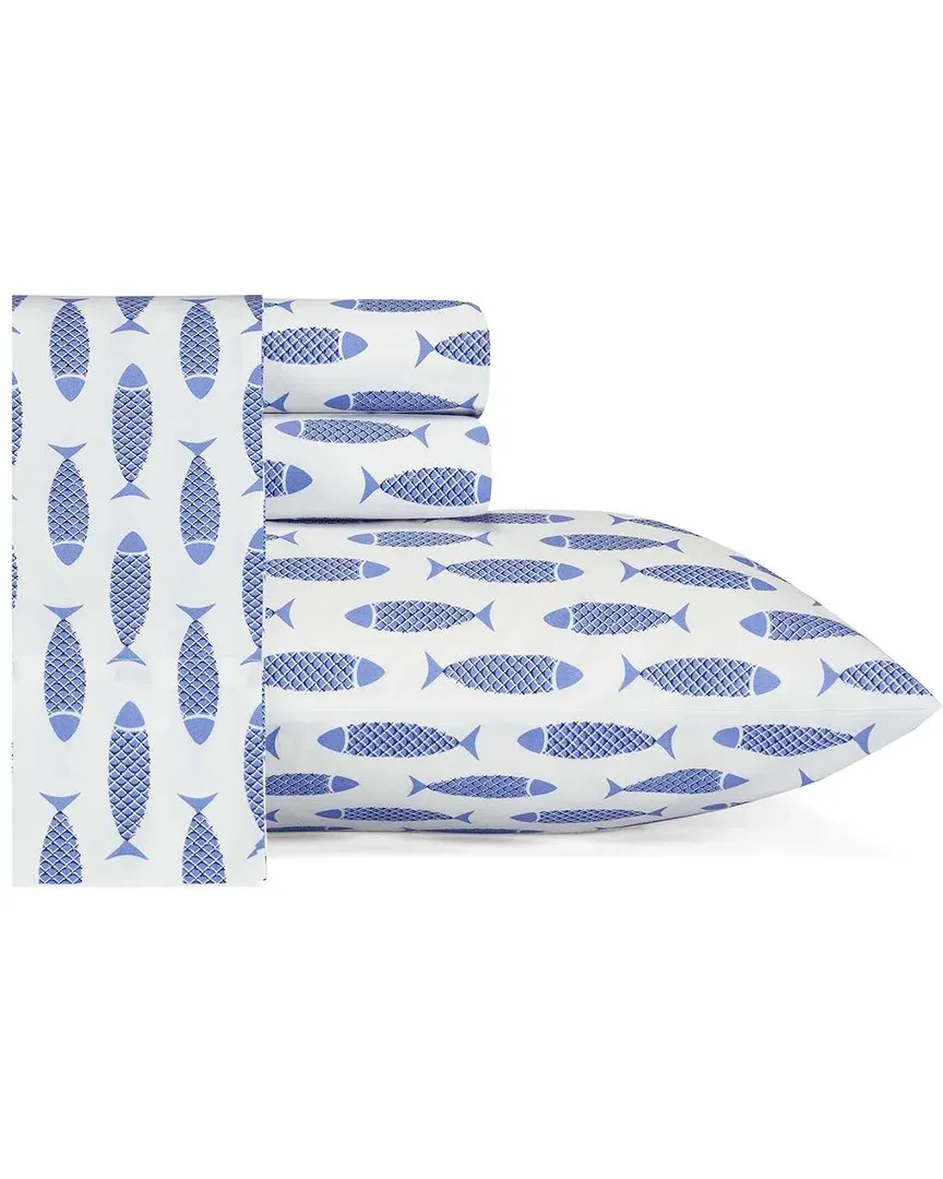 Woodblock Fish 4Pc Sheet Set - Blue, Cotton