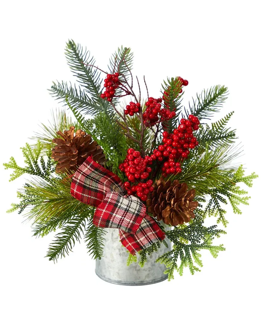 12in Holiday Table Arrangement with Vase - Green image
