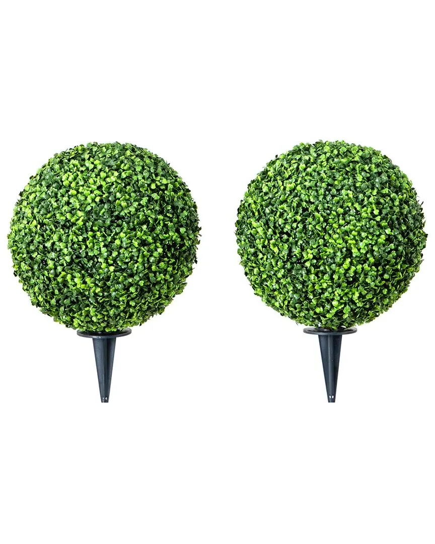 14in Set of 2 Boxwood Ball Topiary with Ground Stakes - Green