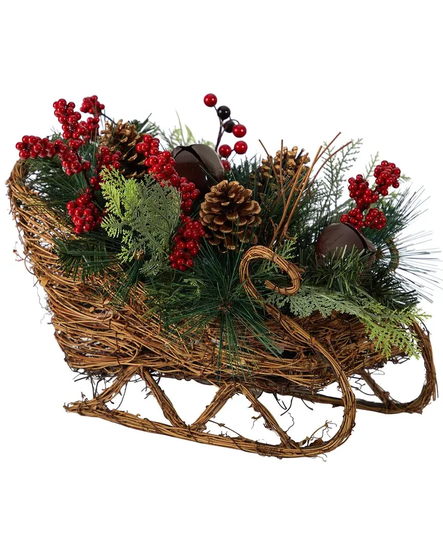 18in Christmas Sleigh Artificial Arrangement - Green, Rattan