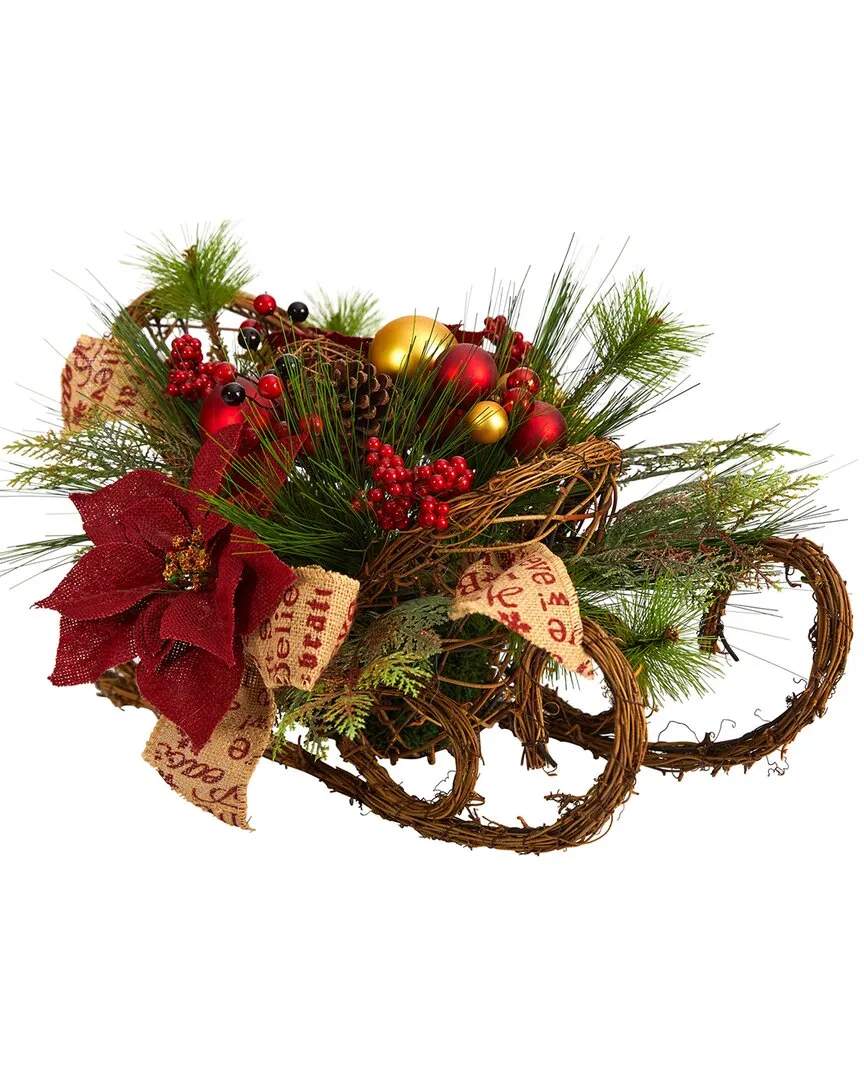18in Christmas Sleigh Artificial Arrangement - Green, Rattan image