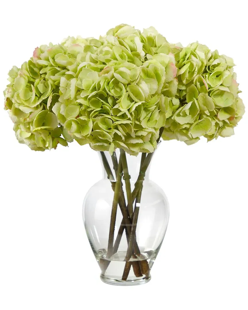 18in Hydrangea Artificial Arrangement in Glass Vase - Green image