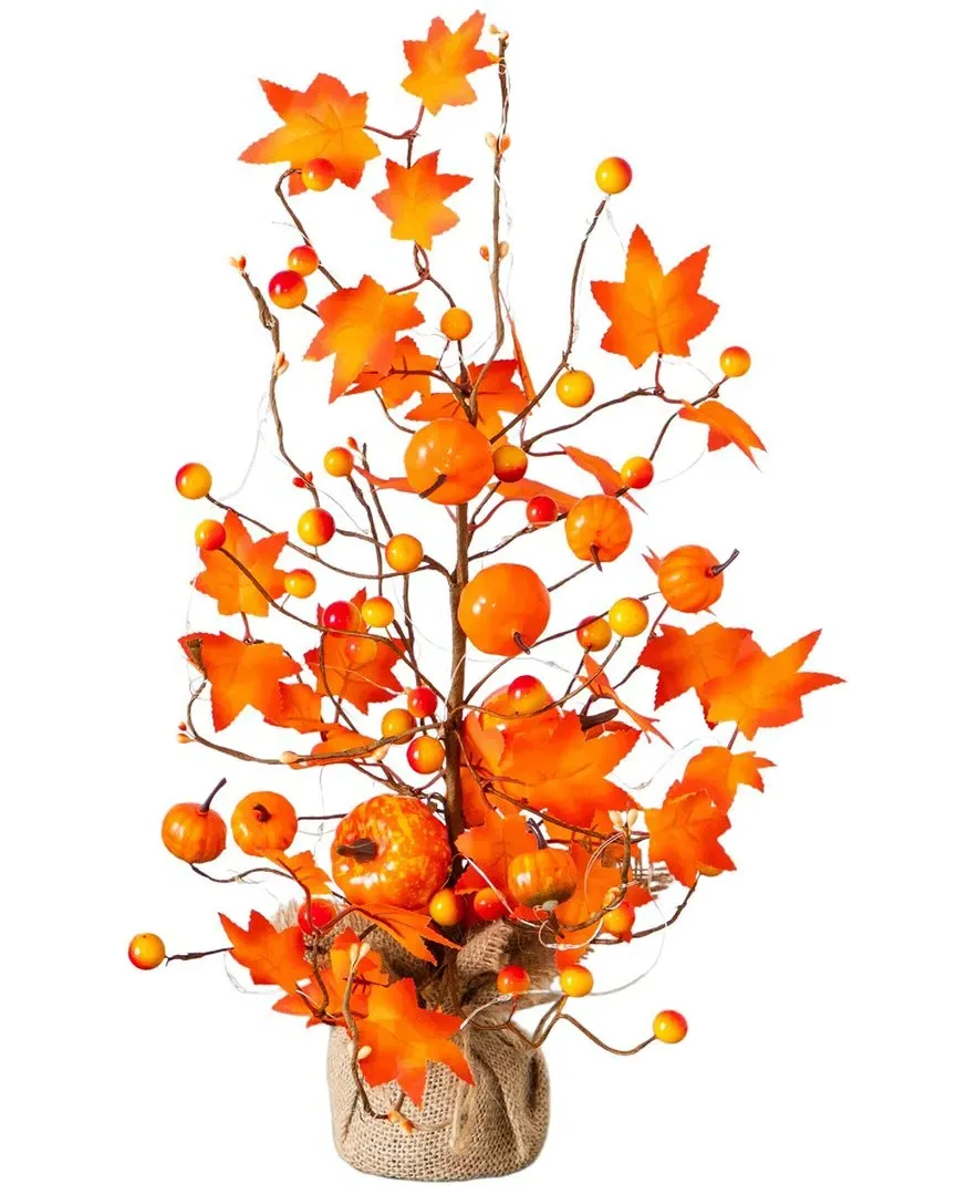 18in Pre-Lit Artificial Maple Tree with Pumpkins - Orange image