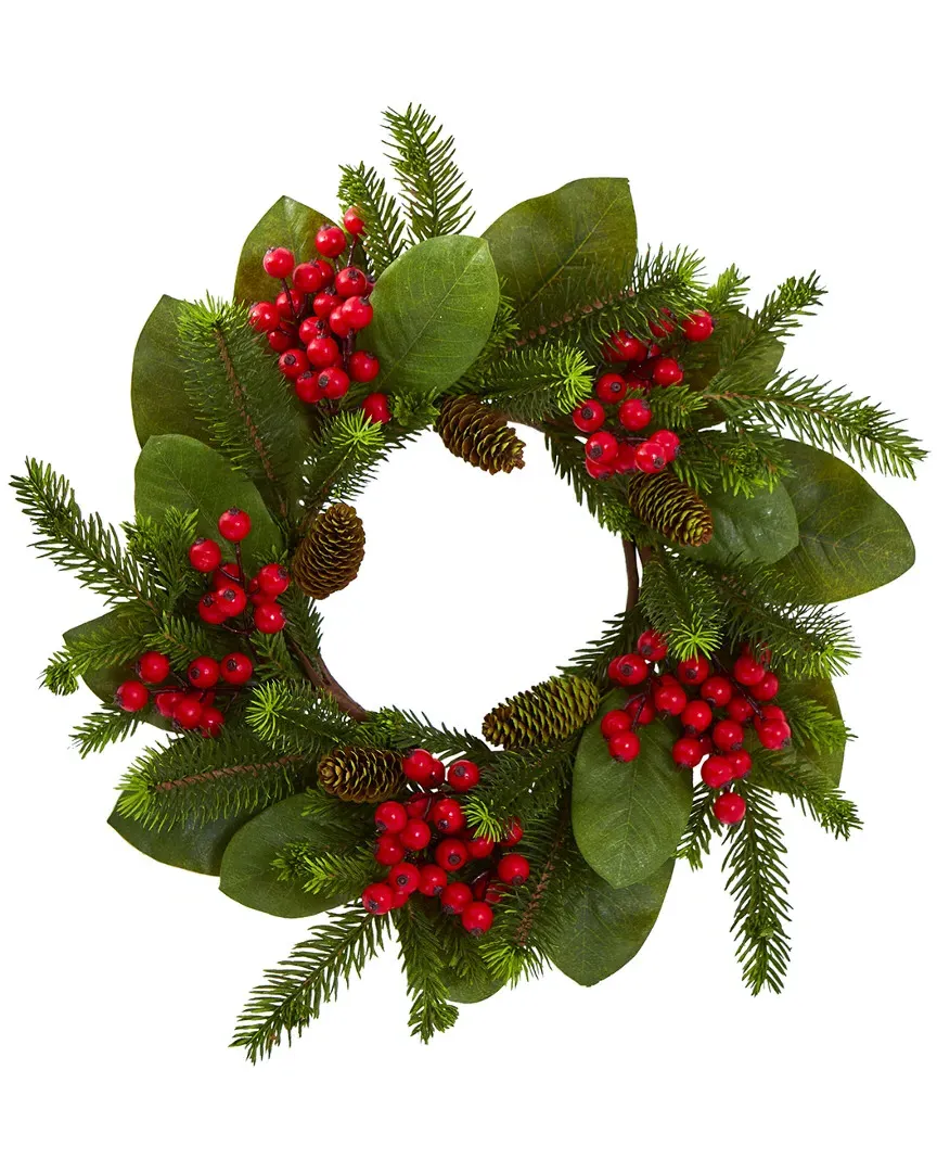 19in Magnolia Leaf, Berry & Pine Artificial Wreath - Green