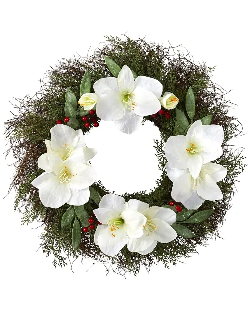 20in Cedar Amaryllis & Ruscus Artificial Wreath - Green