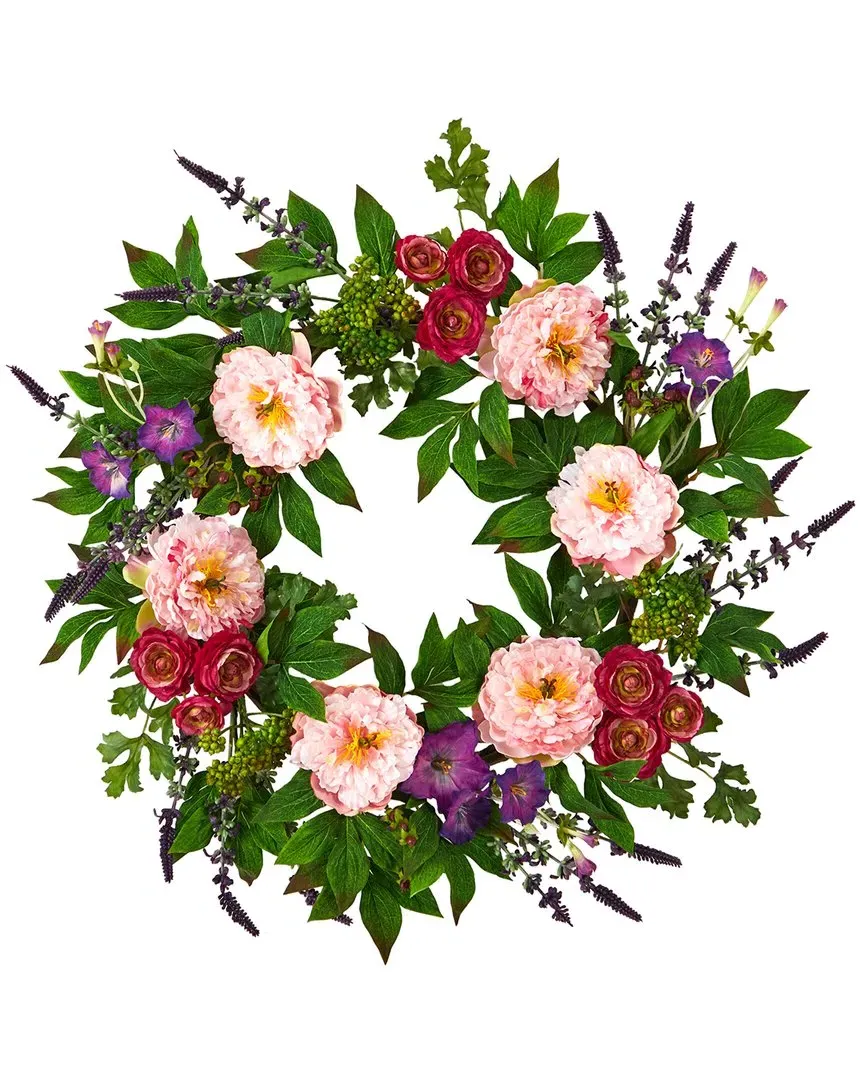 22in Assorted Peony Artificial Wreath - Pink