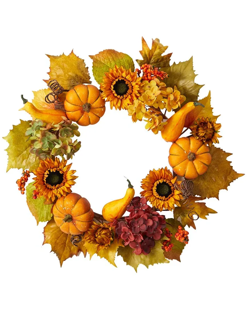 22in Autumn Hydrangea Pumpkin Sunflower Artificial Wreath - Orange